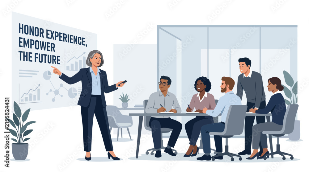 Naklejka premium Senior Business Woman Leading Corporate Presentation for Diverse Team