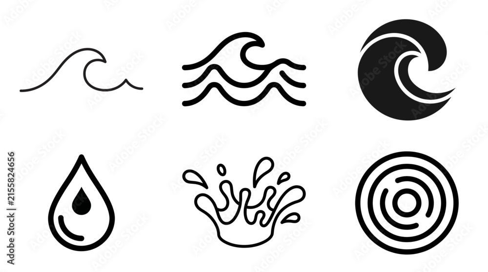 Fototapeta premium Wave Water Element Icon Set Black Variation Vector EPS SVG White Background