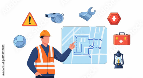 Worker planning emergency evacuation route with safety icons