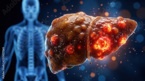 Medical concept of liver cancer showing tumor growth on a glowing diseased hepatic organ.