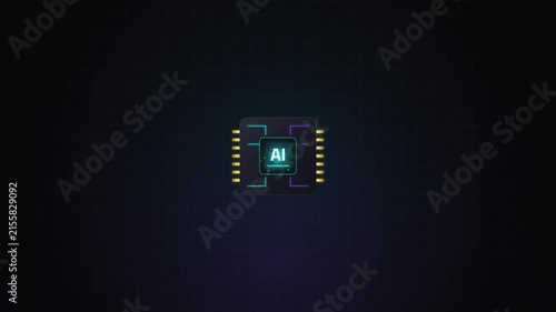 Artificial intelligence microchip on dark grid. Glowing AI microchip for artificial intelligence technology concepts