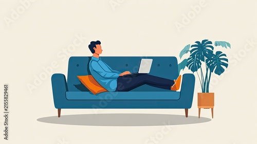 Young Man Relaxing on Sofa with Laptop in Modern Living Room