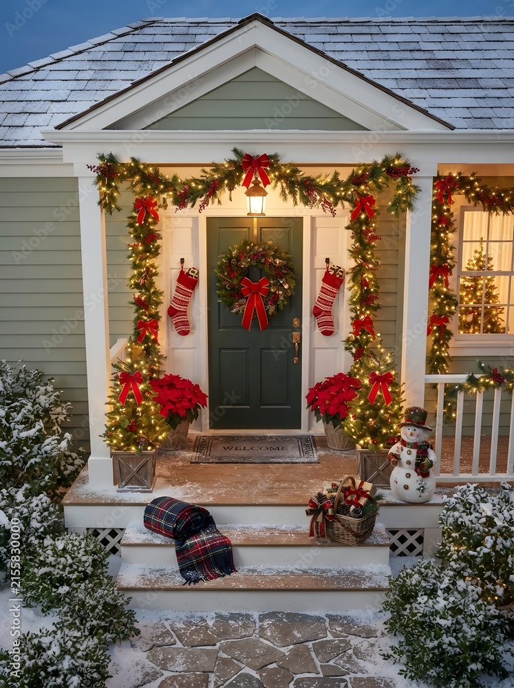 Fototapeta premium Festive decorated home exterior with christmas wreath stockings and snow for holiday season