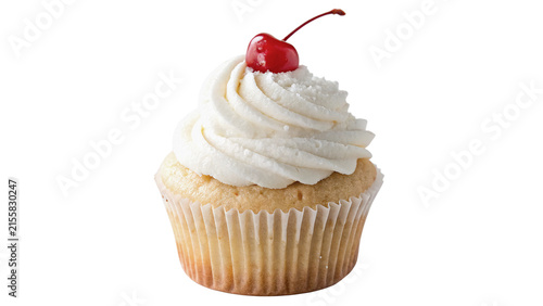 Foto Sweet delicious vanilla cupcake with white frosting cherry isolated on transpare