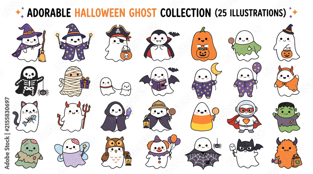Obraz premium A charming Halloween ghost illustration bundle featuring adorable ghosts with different costumes, accessories, candy, pumpkins, and magical props