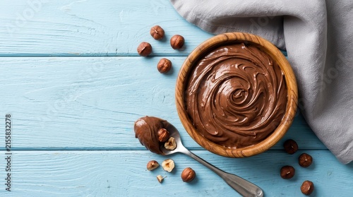 Chocolate hazelnut spread in a wooden bowl with a spoon on light blue wood.