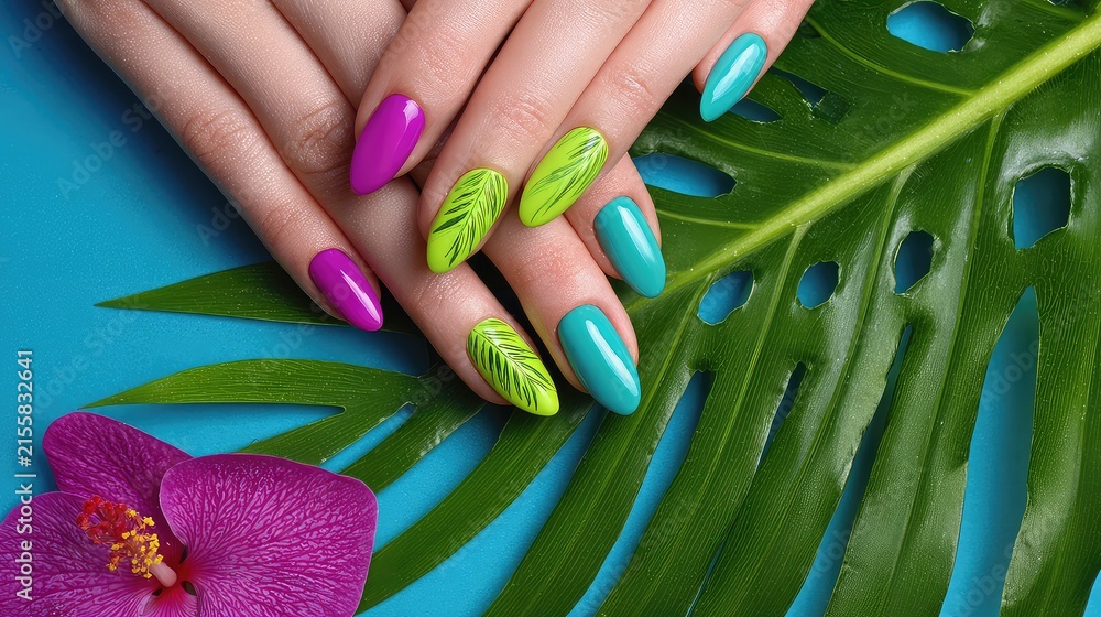 Fototapeta premium Colorful Nail Art Design with Tropical Leaves and Orchid Flower
