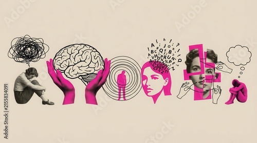 A surreal art collage exploring the complexity of the human mind, conflicts, and the need for therapy.