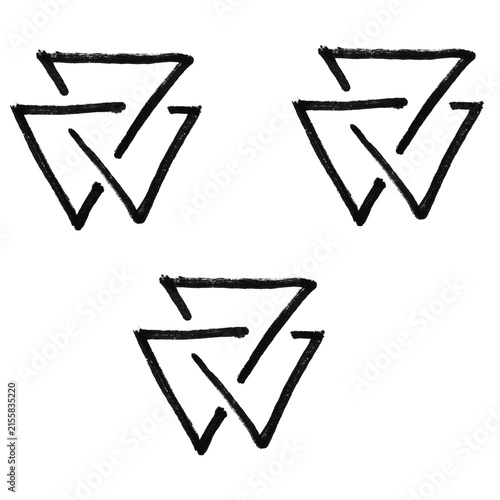 Hand Drawn Valknut Symbol Doodle Brush Set, Norse Viking Odin Knot Triangle Pattern, Black Line Art on White Background

