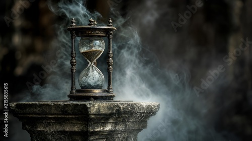 Antique hourglass on stone pedestal surrounded by swirling smoke