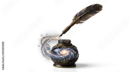Antique Quill Pen Hovering Over Inkwell Containing Glowing Galaxy