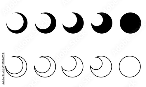 Moon Phase Crescent Icon Set – Solid and Outline Lunar Cycle Symbols. 