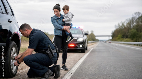 Police Officer Helping Mother and Child with Flat Tire on Highway