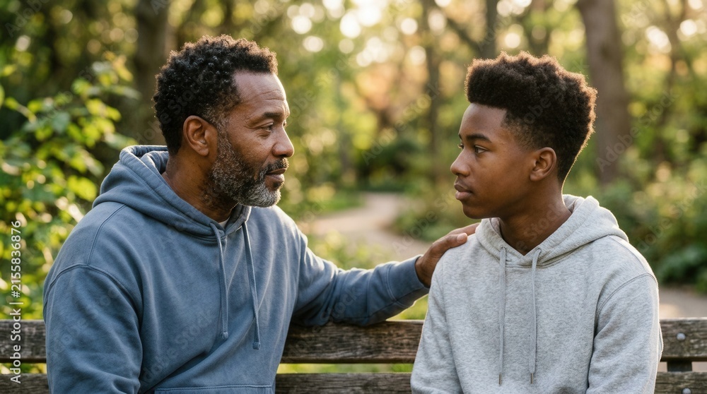 Fototapeta premium Serious conversation outdoors between a father and son, bonding and connecting while discussing important matters