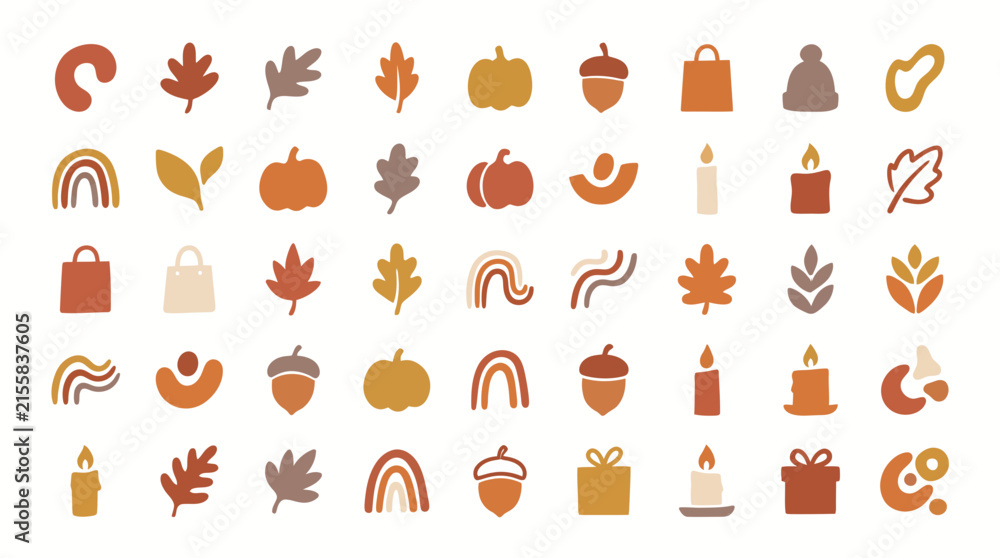 Fototapeta premium Minimalist Autumn and Fall Season Icon Set with Pumpkins, Leaves, Acorns, and Cozy Earthy Tones Elements