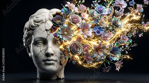 Cracked classical marble sculpture head with glowing surreal flowers