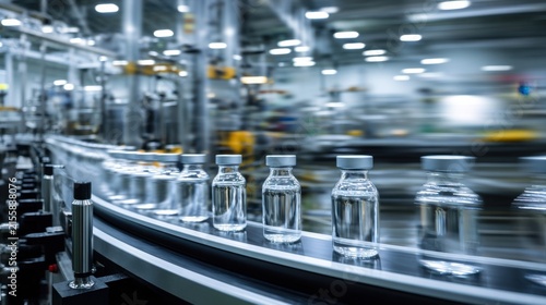 Glass vaccine vials moving on automated conveyor belt in pharmaceutical factory production line.