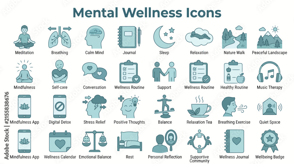 Fototapeta premium Set of mental health icons for psychological wellbeing featuring meditation self care mindfulness and therapy symbols in a teal blue color style
