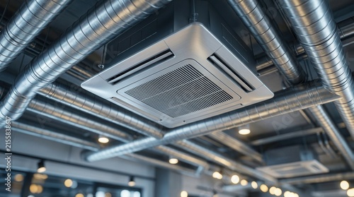 Exposed ductwork design elements and a sleek air conditioning unit within a modern office interior