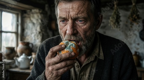 In a rustic cottage kitchen, a man attempts to eat a moldy orange, symbolizing hunger, poverty, and desperation