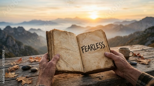 Courage and inspiration signified by human hands holding an open book with fearless text against a tranquil mountain sunrise