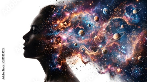 Female silhouette profile with colorful cosmic nebula and planets