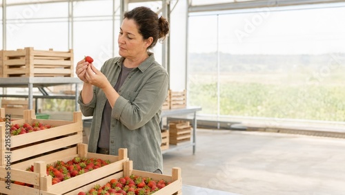 Woman inspecting ripe strawberry beside harvest crates indoors