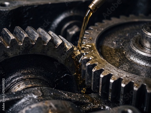 metal gear being poured with oil in a mechanical environment close-up perspective industrial maintenance background copy space for automotive engineering design resource web banner poster.