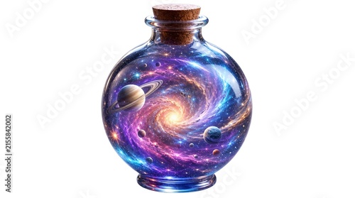 Glass bottle containing glowing spiral galaxy and Saturn planet
