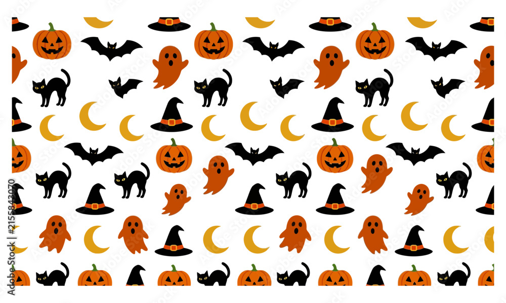 Obraz premium Seamless pattern with cute halloween elements like pumpkins ghosts black cats bats and witch hats on white background