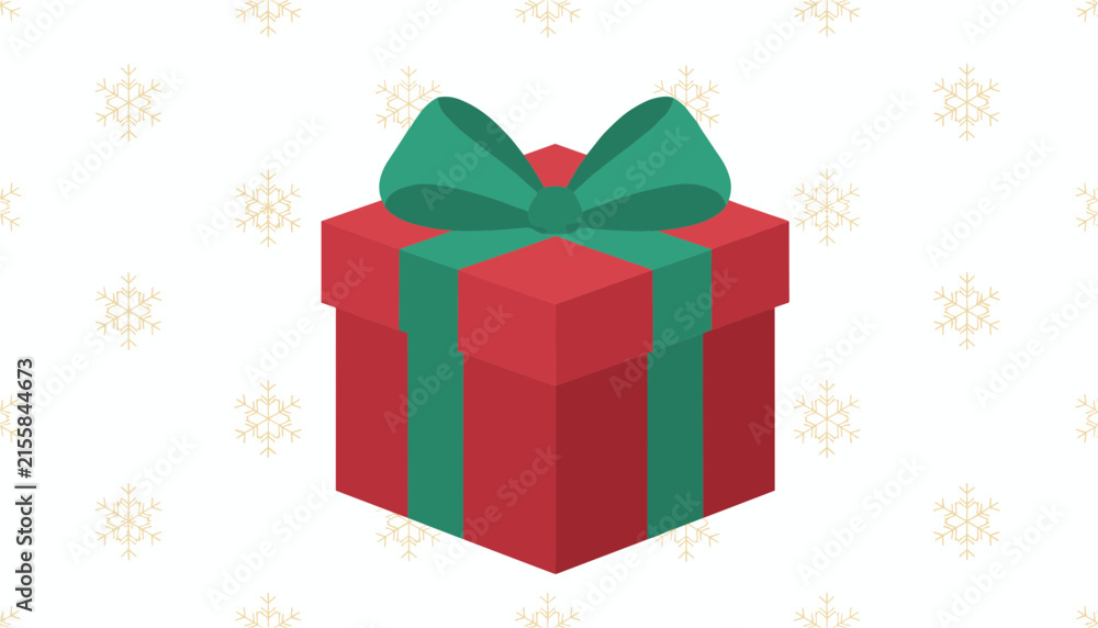 Fototapeta premium Isometric red gift box tied with a big green ribbon on a cozy light background decorated with golden snowflakes.