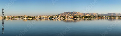 Panoramic view of the Nile river with Feluccas at morning in Aswan, Egypt