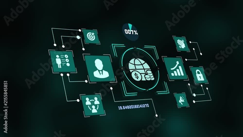 Futuristic Business Intelligence and Financial Technology Dashboard with Analytics, Digital Strategy, Security and Global Data Network