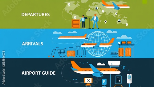 Comprehensive airport navigation infographics showing flight departures arrivals and facility guidance for global travel