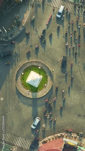 Overhead aerial view of Tugu Yogyakarta roundabout and pedestrians