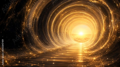 Glowing Golden Light Tunnel with Cinematic Sparkle and Clouds