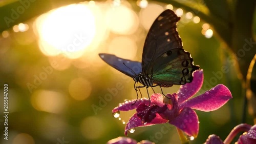 Close-up of a blue butterfly on a pink flower in warm sunlight