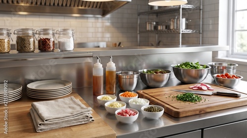 Clean professional restaurant kitchen prep station with mise en place chopped vegetables, chef knife on cutting board, and stainless steel bowls