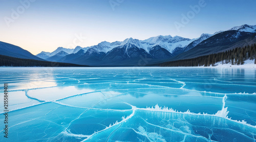 The pristine frozen blue ice surface of a vast mountain lake reflects the cold winter sky. Scenic alpine winter landscape, frozen water background texture, holiday travel.