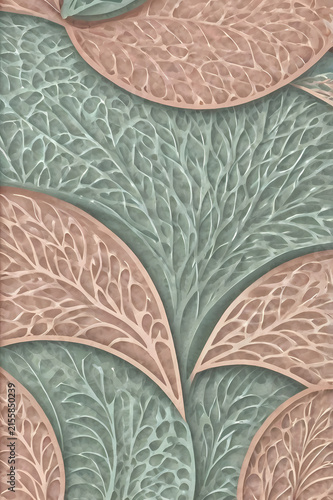 Elegant seamless botanical pattern with embossed leaf shapes in soft pastel tones