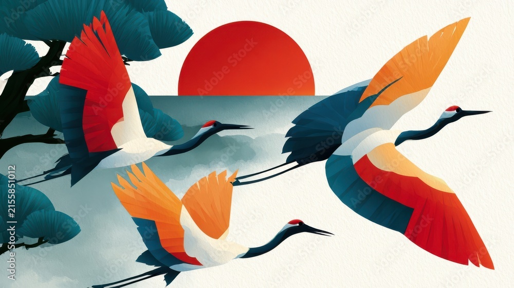 Naklejka premium Japanese New Year illustration with flying cranes and red sun in sumi e ink brush style