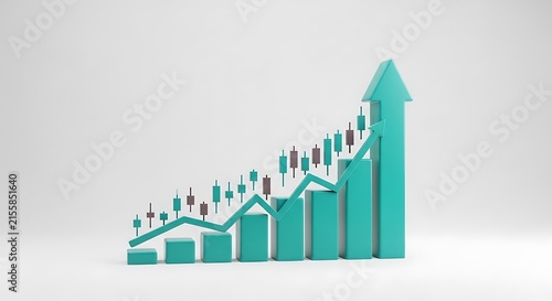 Teal colored bar graph with candlestick data points demonstrating upward market progress and financial growth business investment analysis financial corporate currency statistics