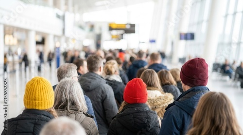 An airport terminal gathering with a large crowd of people in line, focusing on travel, transit, and immigration concepts.