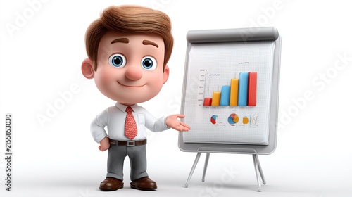 Animated Business Presentation: A cheerful cartoon businessman with a tie and shirt presents a flip chart with rising bar graphs and pie charts, indicating growth and analysis.