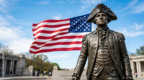 Symbolizing patriotism and history, a George Washington statue of an American founding father looking forward with the United States flag