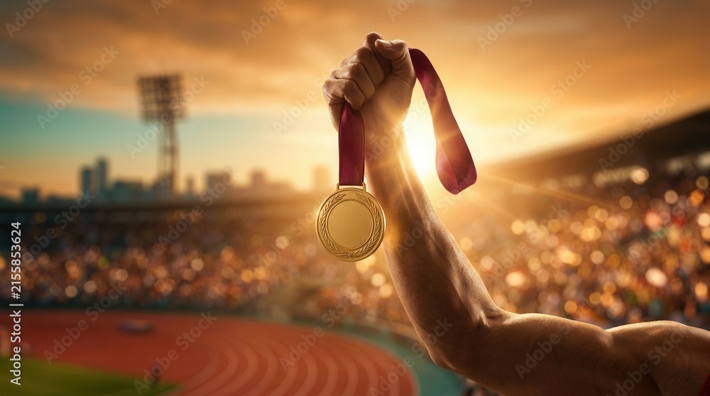 Fototapeta premium A gold medal held high by an athlete's hand over a stadium crowd at sunset, celebrating achievement, success, and victory