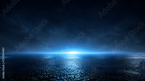 A mysterious black tar road illuminated by a bright, unearthly blue light rising from the horizon, accompanied by smoky fog and a starry night sky.