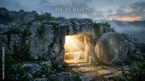 Empty tomb with light emerging from inside a rocky cave.