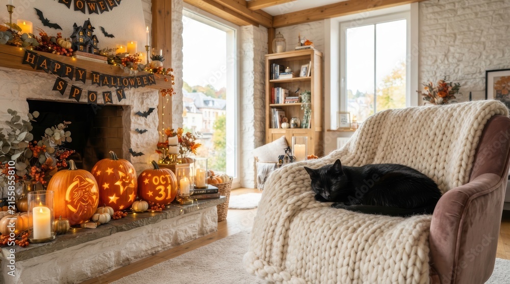 Fototapeta premium Cozy Halloween living room with carved pumpkins and a sleeping black cat