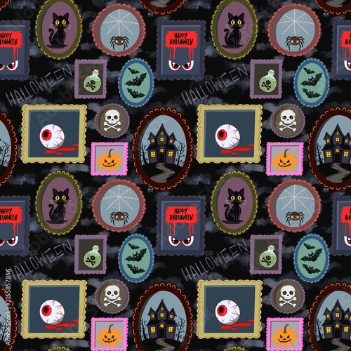 Cute Spooky Halloween Elements in Vintage Picture Frames Seamless Pattern